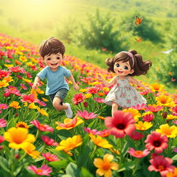 A serene garden filled with bright and colorful Partulica flowers, featuring two adorable characters: a young boy and a young girl joyfully exploring the vibrant blooms