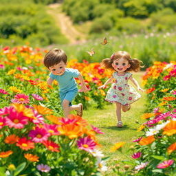 A serene garden filled with bright and colorful Partulica flowers, featuring two adorable characters: a young boy and a young girl joyfully exploring the vibrant blooms