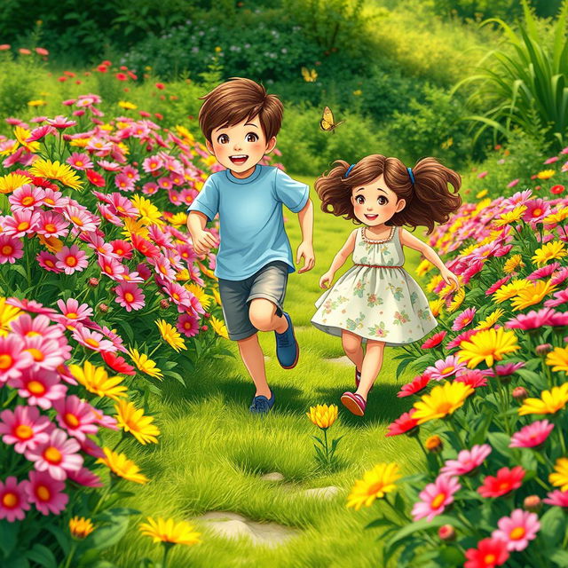 A serene garden filled with bright and colorful Partulica flowers, featuring two adorable characters: a young boy and a young girl joyfully exploring the vibrant blooms