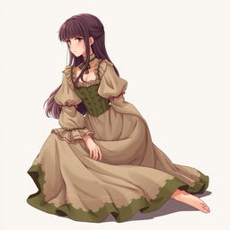 Anime-style illustration of a young woman inspired by 'Shingeki no Kyojin', sitting at a 45-degree profile to the camera