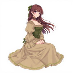 Anime-style illustration of a young woman inspired by 'Shingeki no Kyojin', sitting at a 45-degree profile to the camera