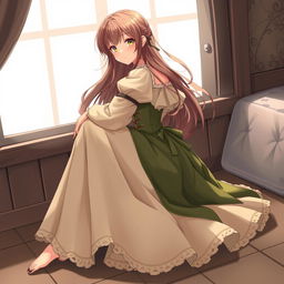 Anime-style illustration of a young woman inspired by 'Shingeki no Kyojin', sitting at a 45-degree profile to the camera