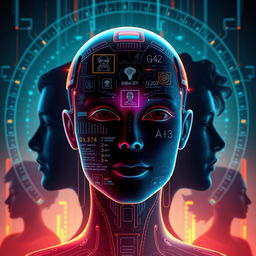 A visual representation of a futuristic AI system demonstrating face recognition technology