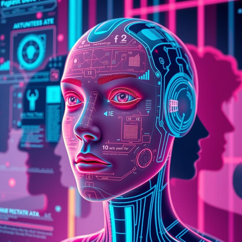 A visual representation of a futuristic AI system demonstrating face recognition technology