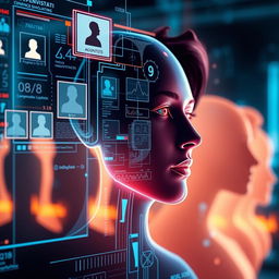 A visual representation of a futuristic AI system demonstrating face recognition technology