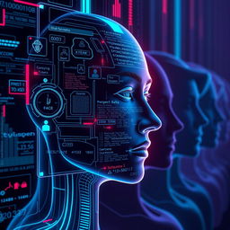 A visual representation of a futuristic AI system demonstrating face recognition technology