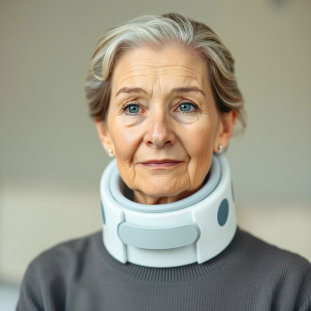 An elderly fine lady wearing a tightly fitting medical cervical collar that wraps around her neck, extending from her shoulders to just under her chin