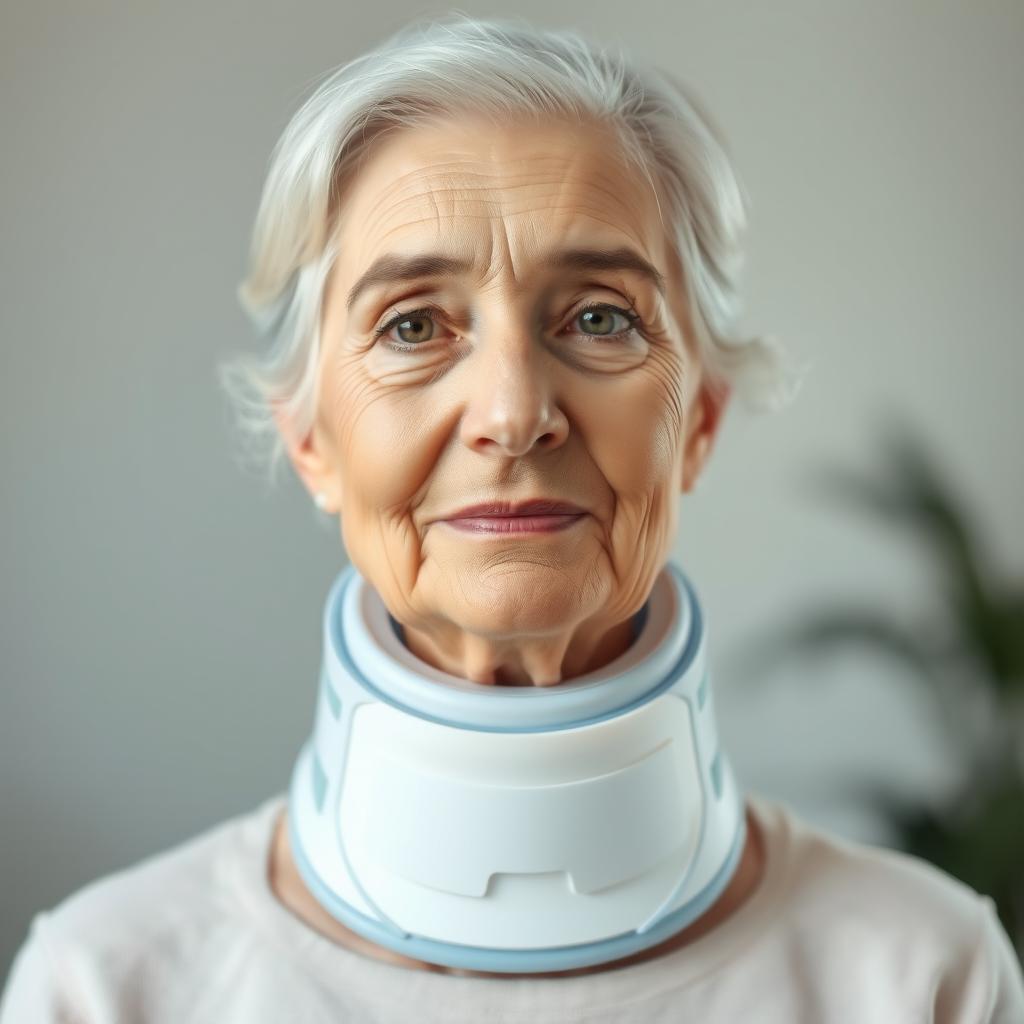 An elderly fine lady wearing a tightly fitting medical cervical collar that wraps around her neck, extending from her shoulders to just under her chin