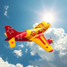 A vibrant and intricately designed communist-themed airplane soaring through the sky
