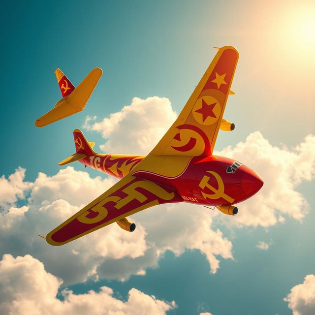 A vibrant and intricately designed communist-themed airplane soaring through the sky