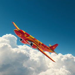 A vibrant and intricately designed communist-themed airplane soaring through the sky