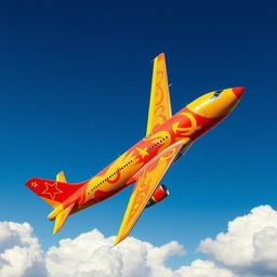 A vibrant and intricately designed communist-themed airplane soaring through the sky