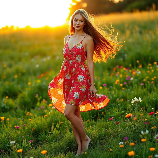 A stunning woman with flowing long hair, wearing a vibrant summer dress adorned with floral patterns, standing gracefully on a lush green meadow filled with colorful wildflowers