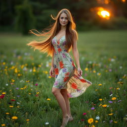 A stunning woman with flowing long hair, wearing a vibrant summer dress adorned with floral patterns, standing gracefully on a lush green meadow filled with colorful wildflowers