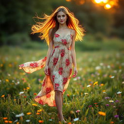 A stunning woman with flowing long hair, wearing a vibrant summer dress adorned with floral patterns, standing gracefully on a lush green meadow filled with colorful wildflowers
