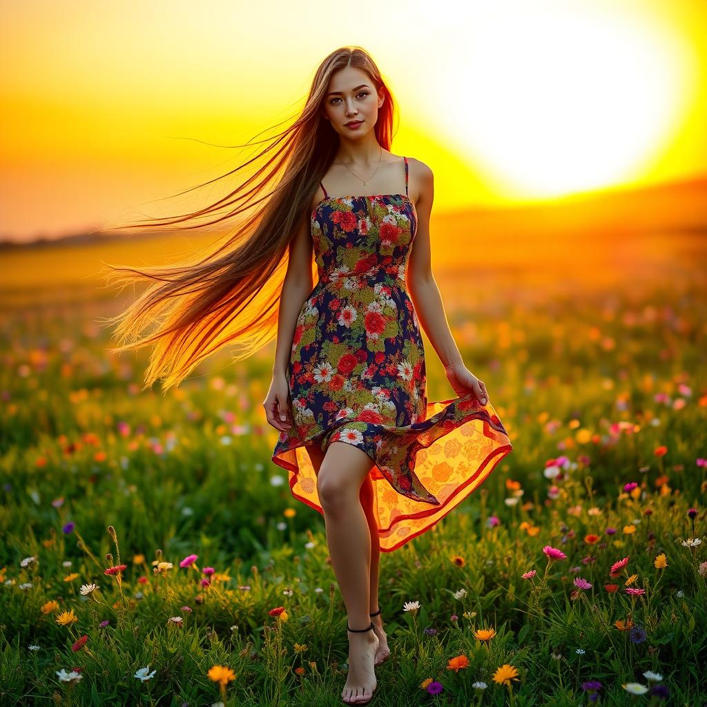 A stunning woman with flowing long hair, wearing a vibrant summer dress adorned with floral patterns, standing gracefully on a lush green meadow filled with colorful wildflowers