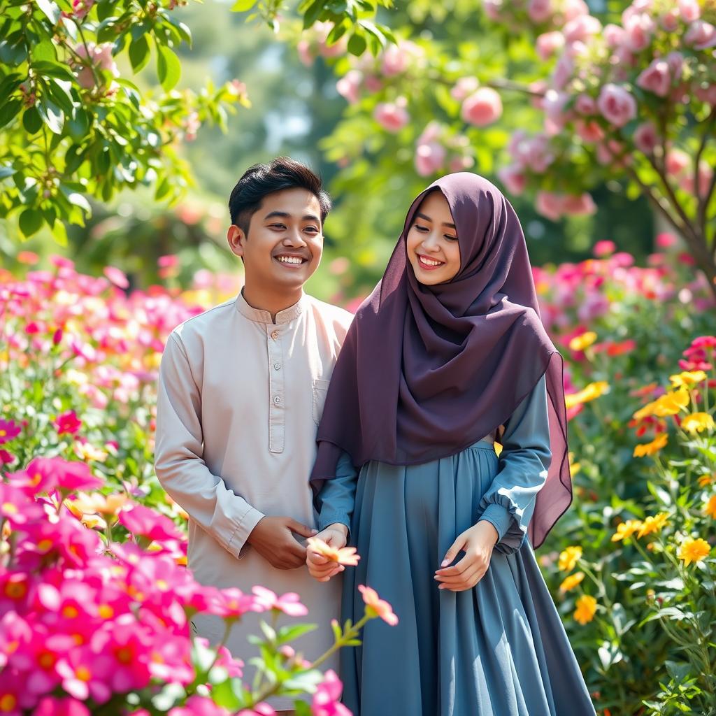 A serene scene featuring a 22-year-old Muslim boy and an 18-year-old Muslim girl enjoying a vibrant garden filled with colorful Partulica flowers