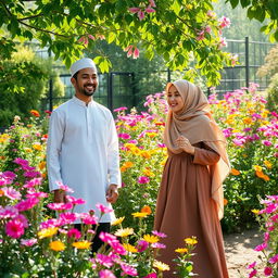 A serene scene featuring a 22-year-old Muslim boy and an 18-year-old Muslim girl enjoying a vibrant garden filled with colorful Partulica flowers
