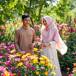 A serene scene featuring a 22-year-old Muslim boy and an 18-year-old Muslim girl enjoying a vibrant garden filled with colorful Partulica flowers