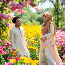 A serene scene featuring a 22-year-old Muslim boy and an 18-year-old Muslim girl enjoying a vibrant garden filled with colorful Partulica flowers