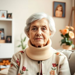 An elderly fine lady wearing a tightly fitting beige medical Aspen cervical collar that extends from her shoulders to under her chin