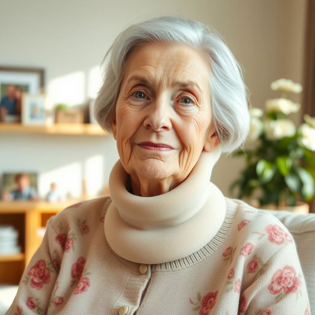 An elderly fine lady wearing a tightly fitting beige medical Aspen cervical collar that extends from her shoulders to under her chin