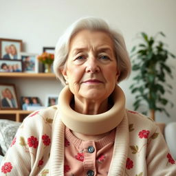 An elderly fine lady wearing a tightly fitting beige medical Aspen cervical collar that extends from her shoulders to under her chin