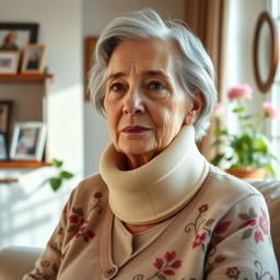 An elderly fine lady wearing a tightly fitting beige medical Aspen cervical collar that extends from her shoulders to under her chin