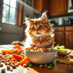 A cute cat enjoying a variety of colorful foods in a cozy kitchen setting