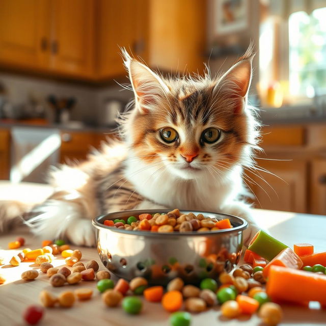 A cute cat enjoying a variety of colorful foods in a cozy kitchen setting