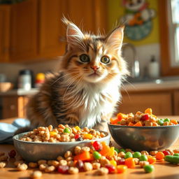 A cute cat enjoying a variety of colorful foods in a cozy kitchen setting