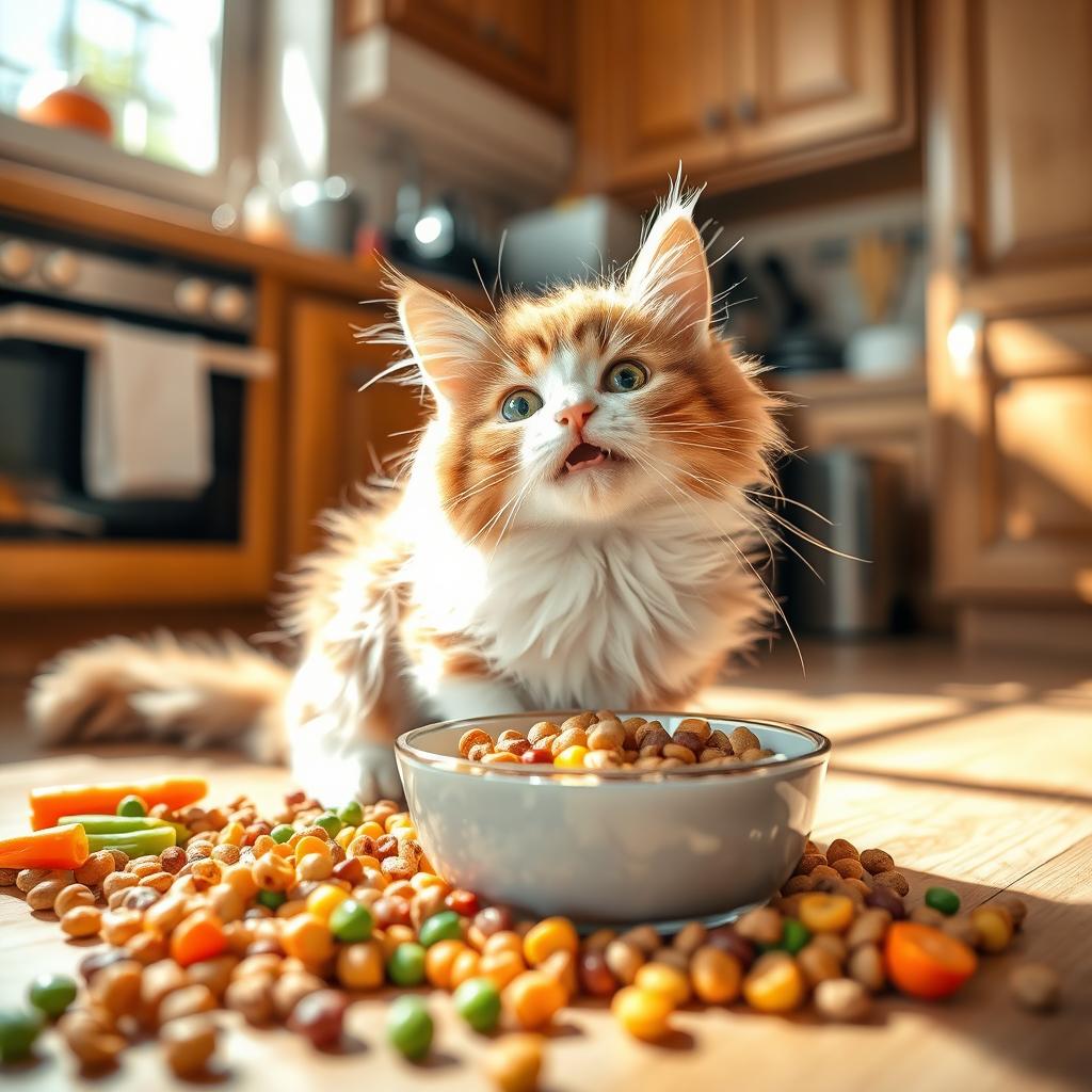 A cute cat enjoying a variety of colorful foods in a cozy kitchen setting