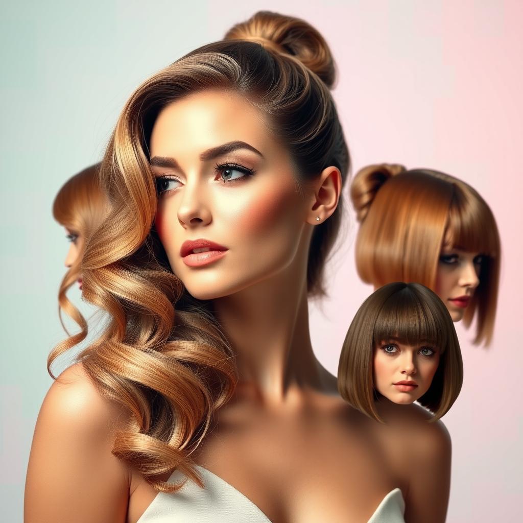 A stunning model showcasing a variety of hairstyles, including cascading romantic waves, a sleek high ponytail, and a chic bob cut