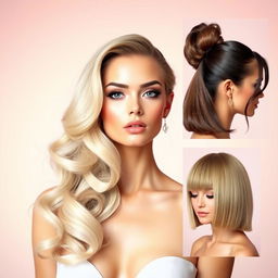 A stunning model showcasing a variety of hairstyles, including cascading romantic waves, a sleek high ponytail, and a chic bob cut