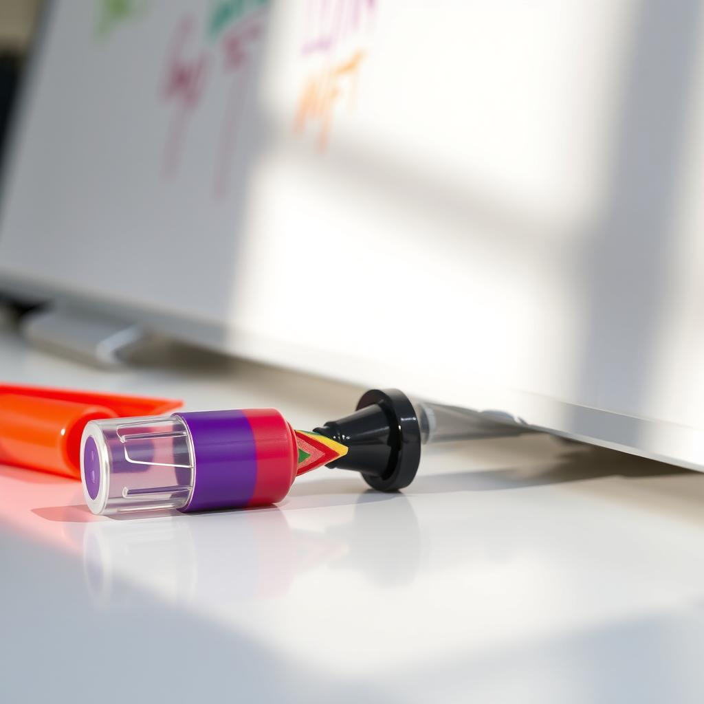 A close-up view of a colorful whiteboard marker, with its cap off, revealing the vibrant ink within