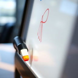 A close-up view of a colorful whiteboard marker, with its cap off, revealing the vibrant ink within