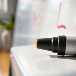 A close-up view of a colorful whiteboard marker, with its cap off, revealing the vibrant ink within