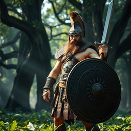 A Dacian warrior standing valiantly in a lush, green forest