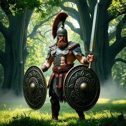 A Dacian warrior standing valiantly in a lush, green forest