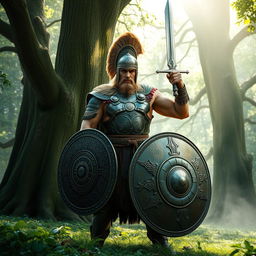 A Dacian warrior standing valiantly in a lush, green forest