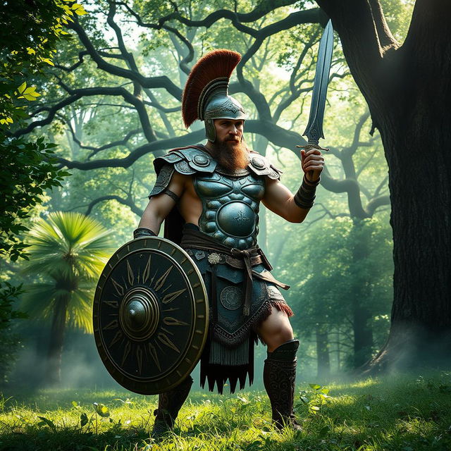 A Dacian warrior standing valiantly in a lush, green forest