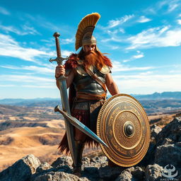 A Dacian warrior standing in a dramatic pose on a rocky hillside