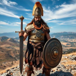 A Dacian warrior standing in a dramatic pose on a rocky hillside