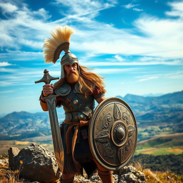 A Dacian warrior standing in a dramatic pose on a rocky hillside