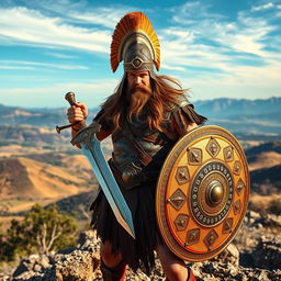 A Dacian warrior standing in a dramatic pose on a rocky hillside