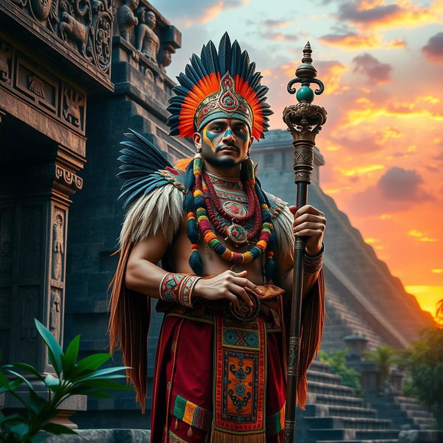 A majestic Maya priest standing in an ancient temple adorned with intricate stone carvings