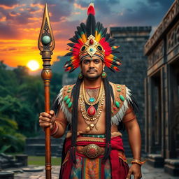 A majestic Maya priest standing in an ancient temple adorned with intricate stone carvings