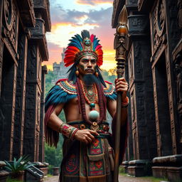 A majestic Maya priest standing in an ancient temple adorned with intricate stone carvings