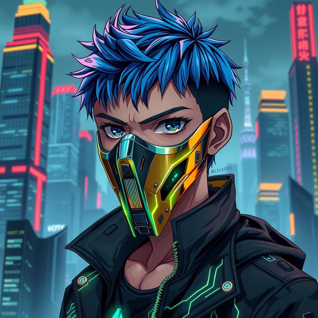 A realistic cyberpunk anime boy wearing a detailed metal mask that reflects neon lights, his expression serious as he looks straight ahead