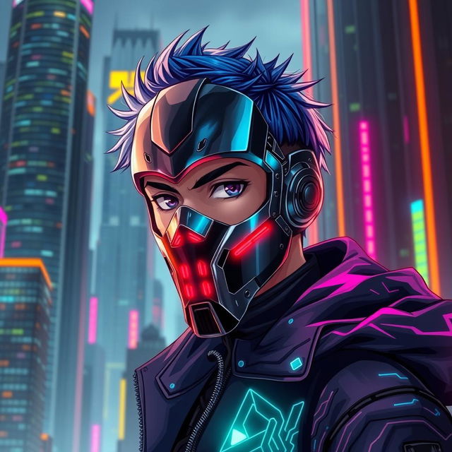 A realistic cyberpunk anime boy wearing a detailed metal mask that reflects neon lights, his expression serious as he looks straight ahead